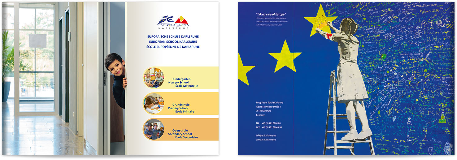 Titelseite und Rückseite der Broschüre der Europäischen Schule Karlsruhe