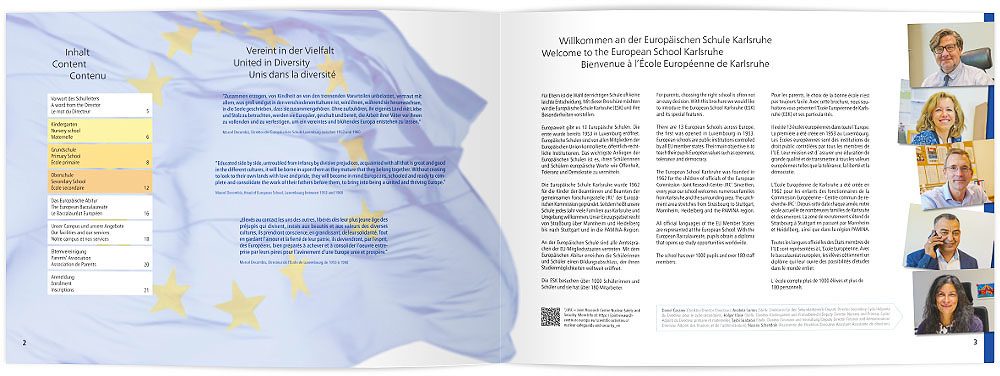 Die Seiten 2 und 3 der Broschüre der Europäischen Schule Karlsruhe mit Inhaltsverzeichnis links und Begrüßungstext rechts