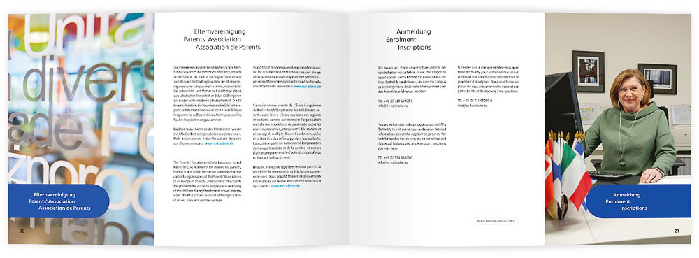 Die Seiten 20 und 21 der Broschüre der Europäischen Schule Karlsruhe mit den Themen Elternvereinigung (linke Seite) und Anmeldung (rechte Seite)