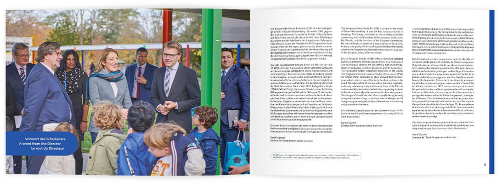 Die Seiten 4 und 5 der Broschüre der Europäischen Schule Karlsruhe mit einem Grußwort des Schulleiters