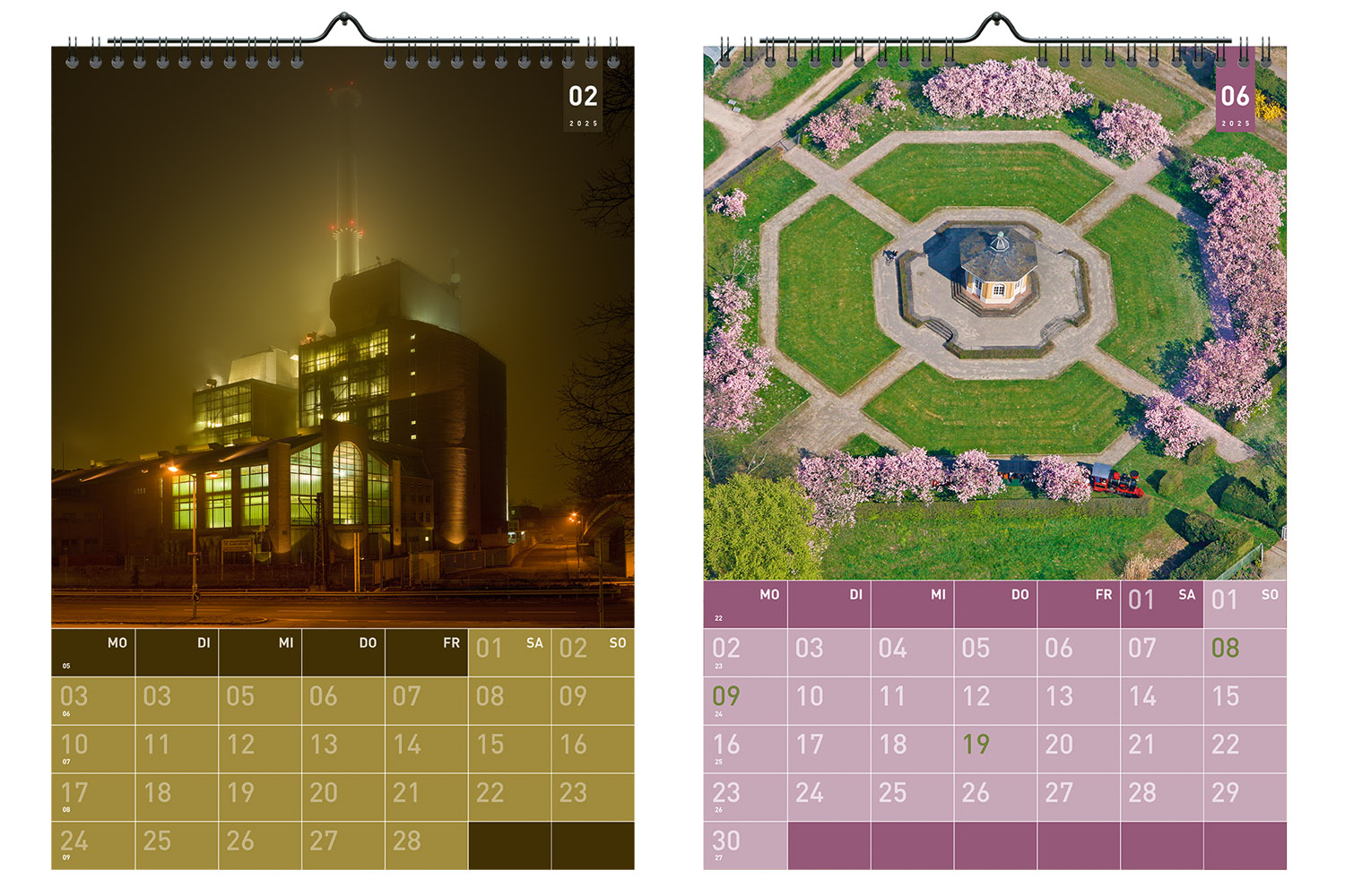 Die Kalenderblätter Februar und Juni aus dem Karlsruhe Kalender 2025