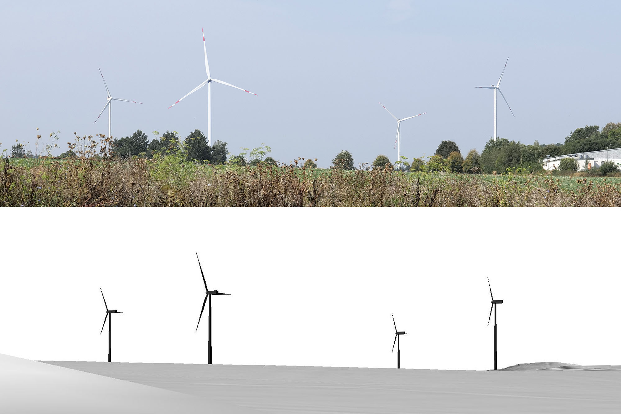 zurück zum Blog Vergleich zwischen 'von Hand' berechneten und mittels 3D-Software erstellten Visualisierungen von Windkraftanlagen.