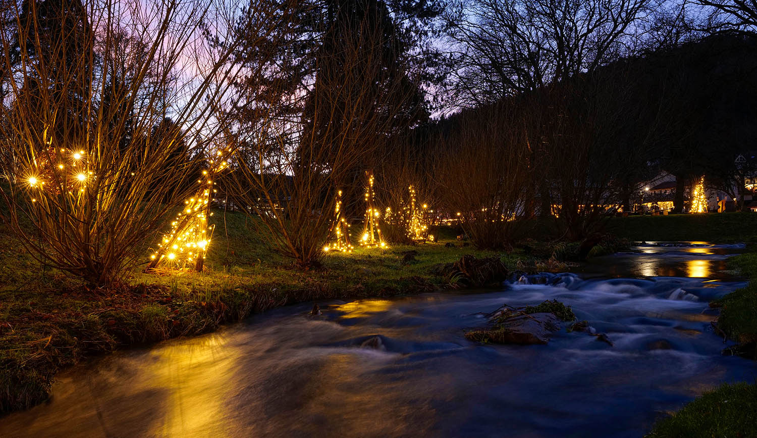Die Alb-Beleuchtung im Kurpark von Bad Herrenalb wie sie bis 2023 war: Lichterketten mit warmem, goldenen Licht schafften an den Ufern der Alb eine traumhafte weihnachtliche Atmosphäre.