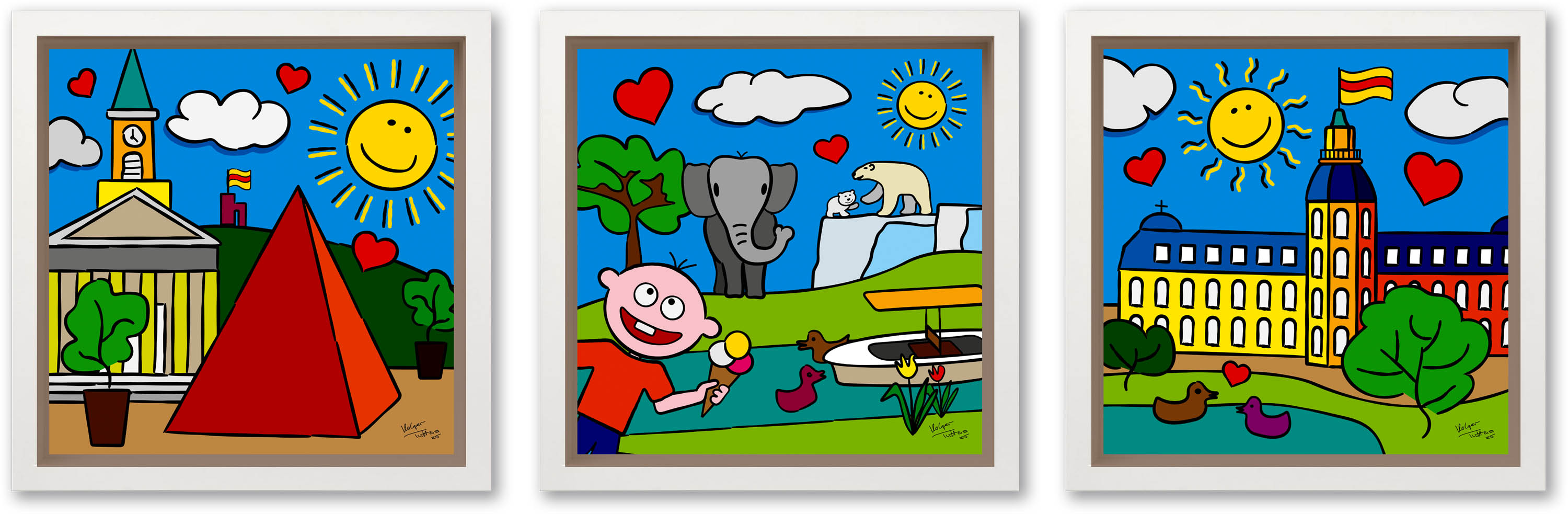 nebeneinander: Pop Art Bild Karlsruhe Marktplatz, Pop Art Bild Karlsruhe Zoo (Stadtgarten) und Popartbild Karlsruhe Schloss von Holger Tuttas in Schattenfugen-Rahmen.