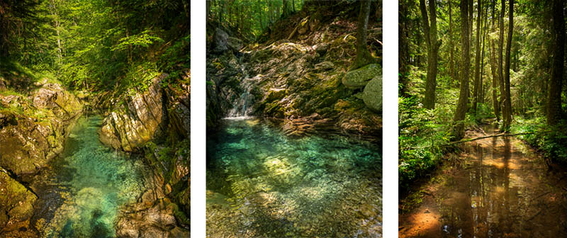Drei Fotos nebeneinander: links ein Gebirgsbach, der durch eine Felsschlucht fließt. In der Mitte ein Gebirgsbach, der über einen Felsen in eine Gumpe im Vordergrund fließt. Rechts ein Waldbach in einem Hochmoor.