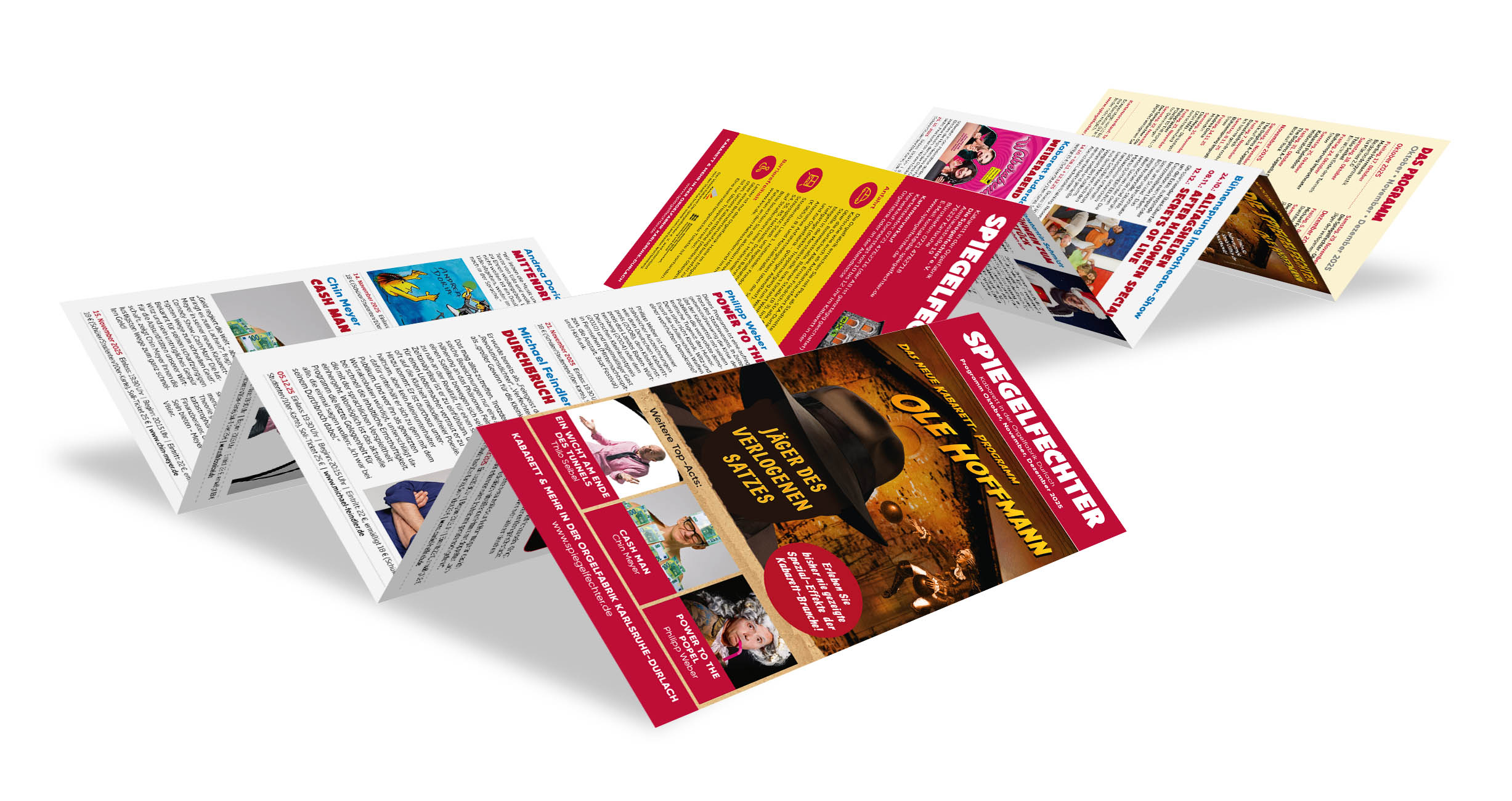 Beispiel Flyer Gestaltung: ein 10-seitiger Flyer im Format DIN-lang mit Zickzack-Falz für das Kabarett die Spiegelfechter in Karlsruhe Durlach