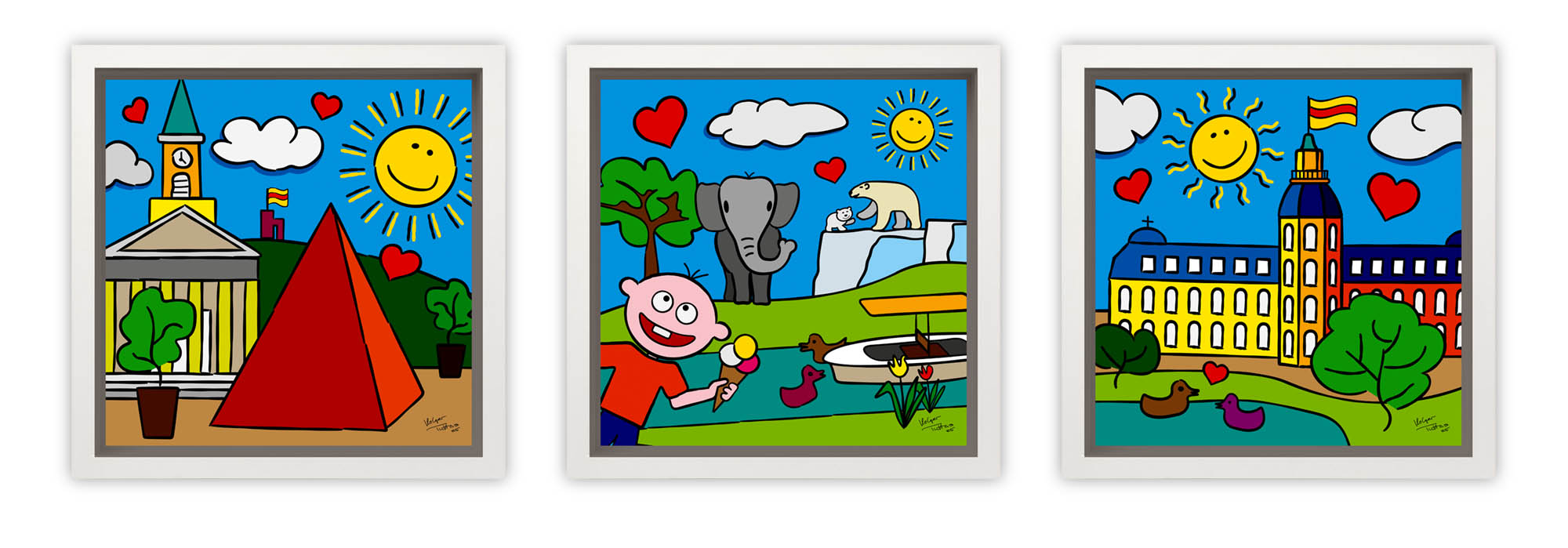 Drei MIGROBIs von Grafiker Holger Tuttas: Bunte Wandbilder im Pop Art Style à la Rizzi. Links ist die Herkules-Statue vor dem Karlsruher Schloss zu sehen. In der Mitte die Pyramide auf dem Karlsruher Marktplatz undrechts zwei Fischerboote auf dem Karlsruher Altrhein.