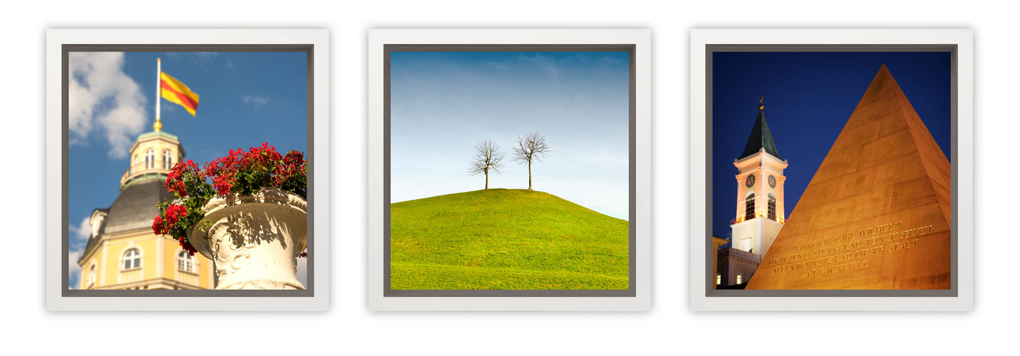 zurück zum Blog Drei MIGROBIs von Fotograf Holger Tuttas: Bunte Wandbilder, bestehend aus Fotos von Karlsruhe in einem weißen Schattenfugenrahmen. Links ist ein mit Blumen bepflanzter Pflanzkübel vor dem Karlsruher Schlossturm zu sehen. In der Mitte der Mount Klotze und rechts die nächtlich illuminierte Pyramide auf dem Karlsruher Marktplatz mit der evanglischen Stadtkirche im Hintergrund.