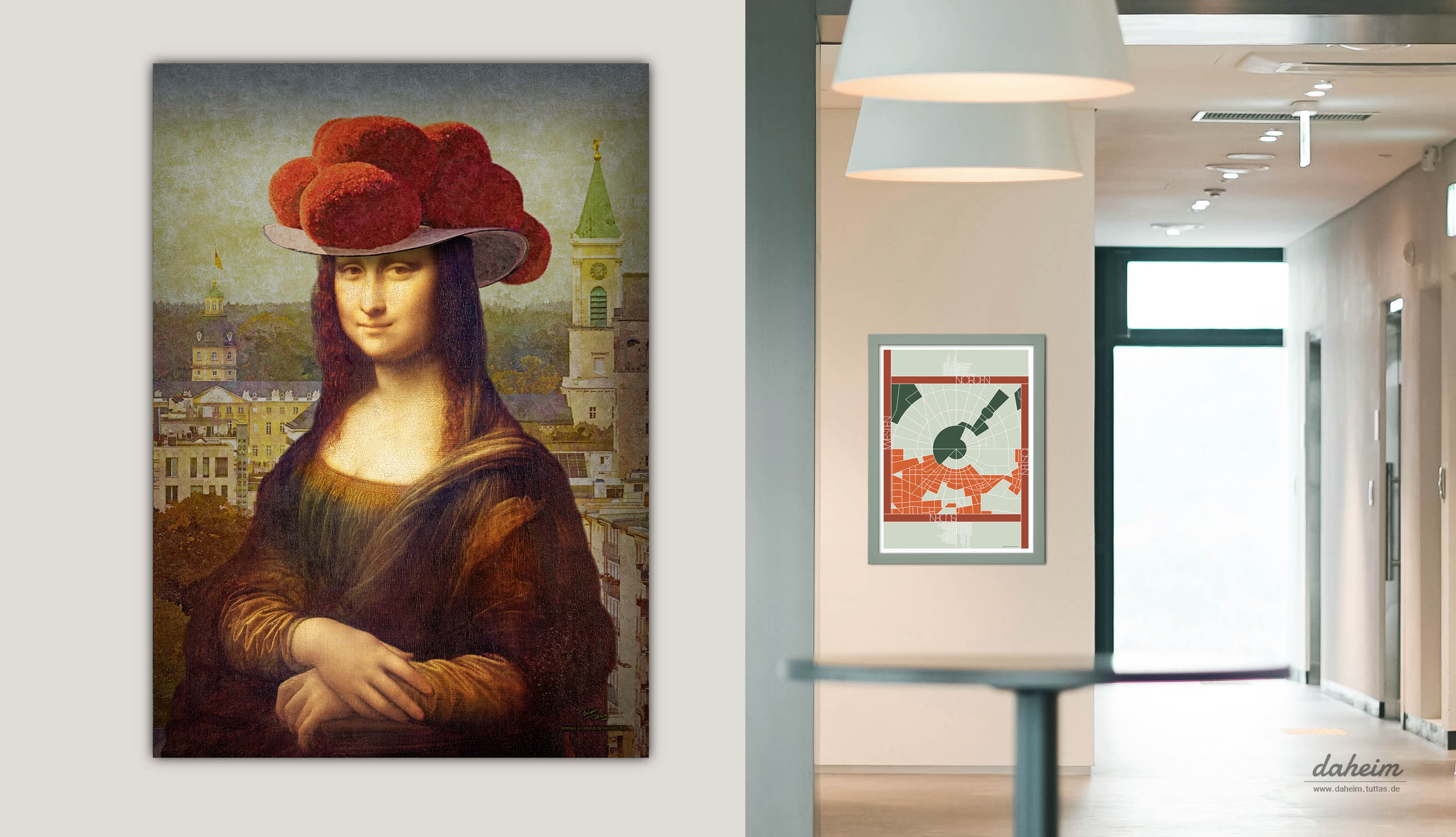 Foto: in einem Hausflur hängt links ein Bild der Monalisa mit Bollenhut vor der Karlsruher Innenstadt und rechts ein Poster mit einem Stadtplan der Innenstadt von Karlsruhe im Bauhaus-Stil