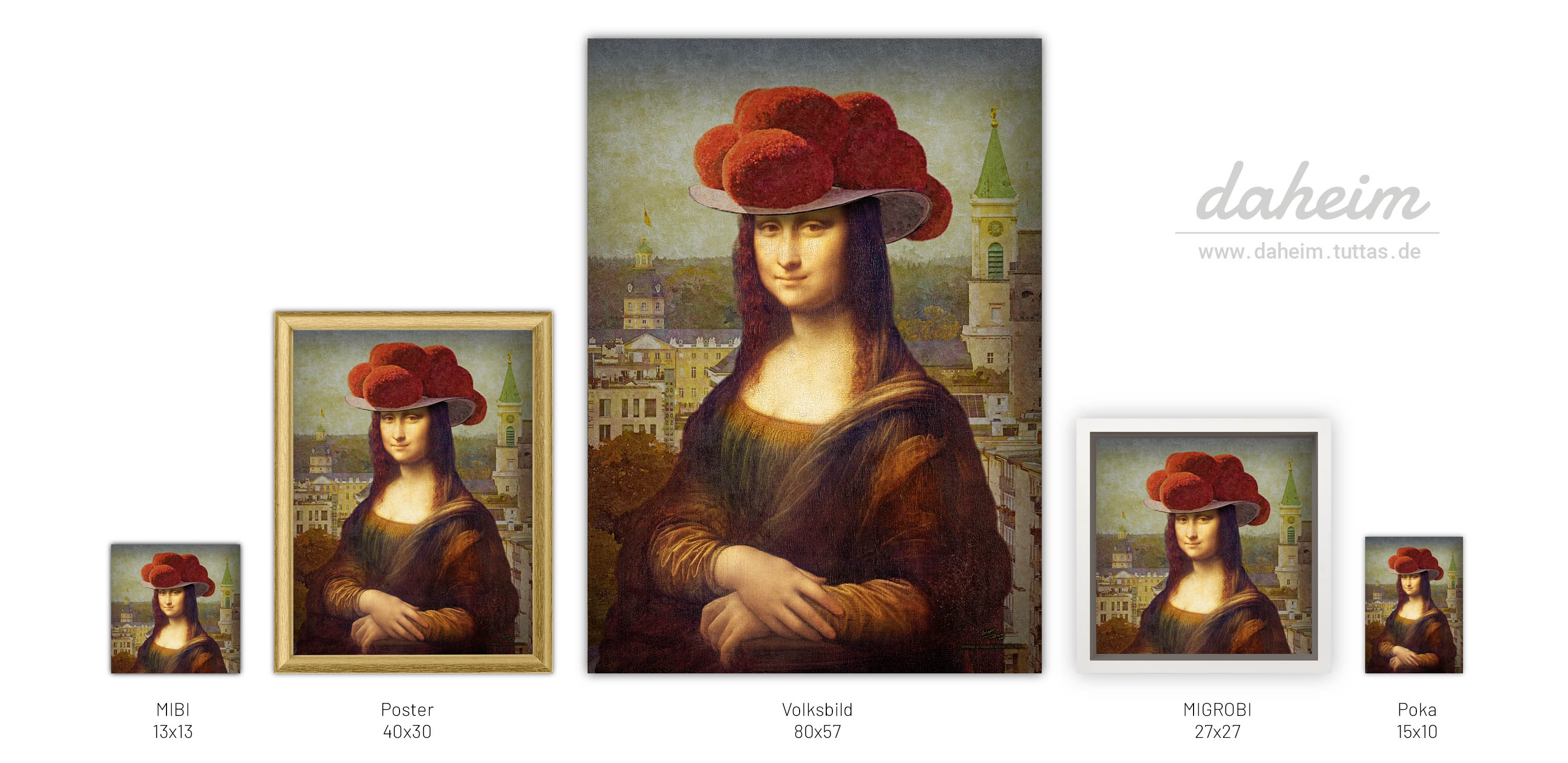 Bild Mona Lisa in Karlsruhe mit Schwarzwälder Bollenhut von Holger Tuttas in verschiedenen Ausführungen: als MIBI (Wandbild in der Größe 13 cm x 13 cm), als Poster (40 cm x 30 cm) im goldenen IKEA-Bilderrahmen 'Silverhöjden', als Volksbild (Wandbild in der Größe 80 cm x 57 cm), als MIGROBI (Wandbild in der Größe 27 cm x 27 cm) und als Postkarte (15 cm x 10 cm).