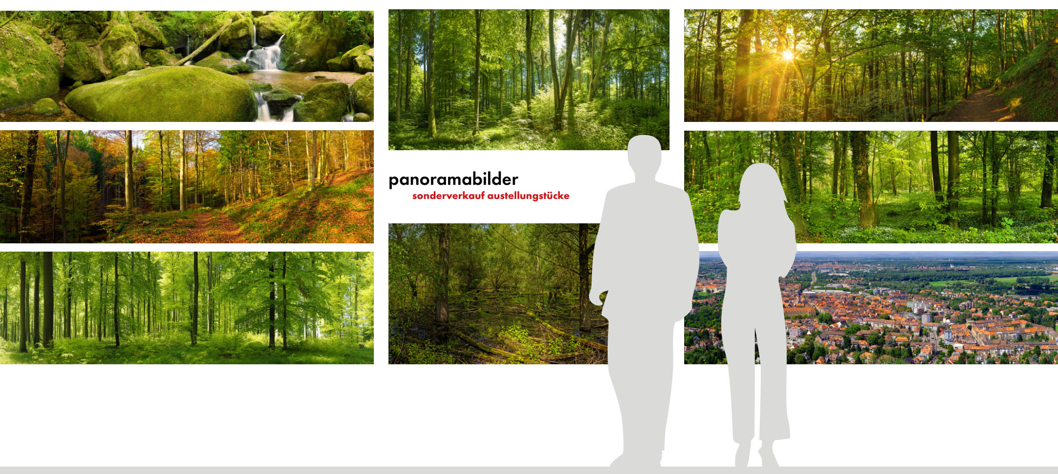 Das Bild zeigt eine Wand mit diversen großformatigen Panoramabildern. Davor stehen – als Silhouetten – ein Mann und eine Frau